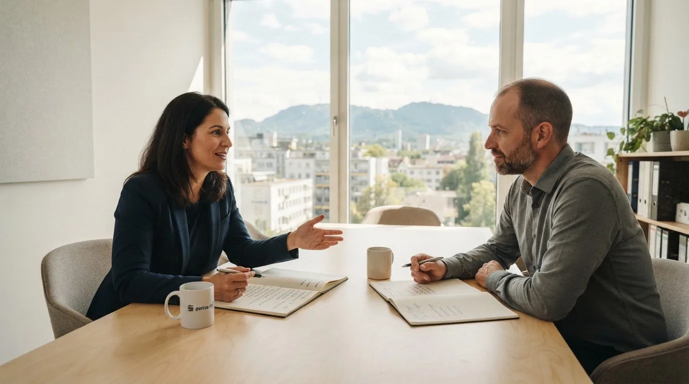 Zwei Kollegen sitzen an einem Besprechungstisch mit Notizbüchern, Tageslicht durch grosse Fenster.