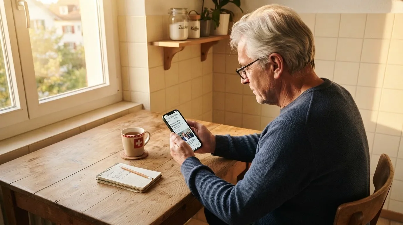 Älterer Mann sitzt am Küchentisch und liest konzentriert auf seinem Smartphone, Nachmittagslicht im Raum.