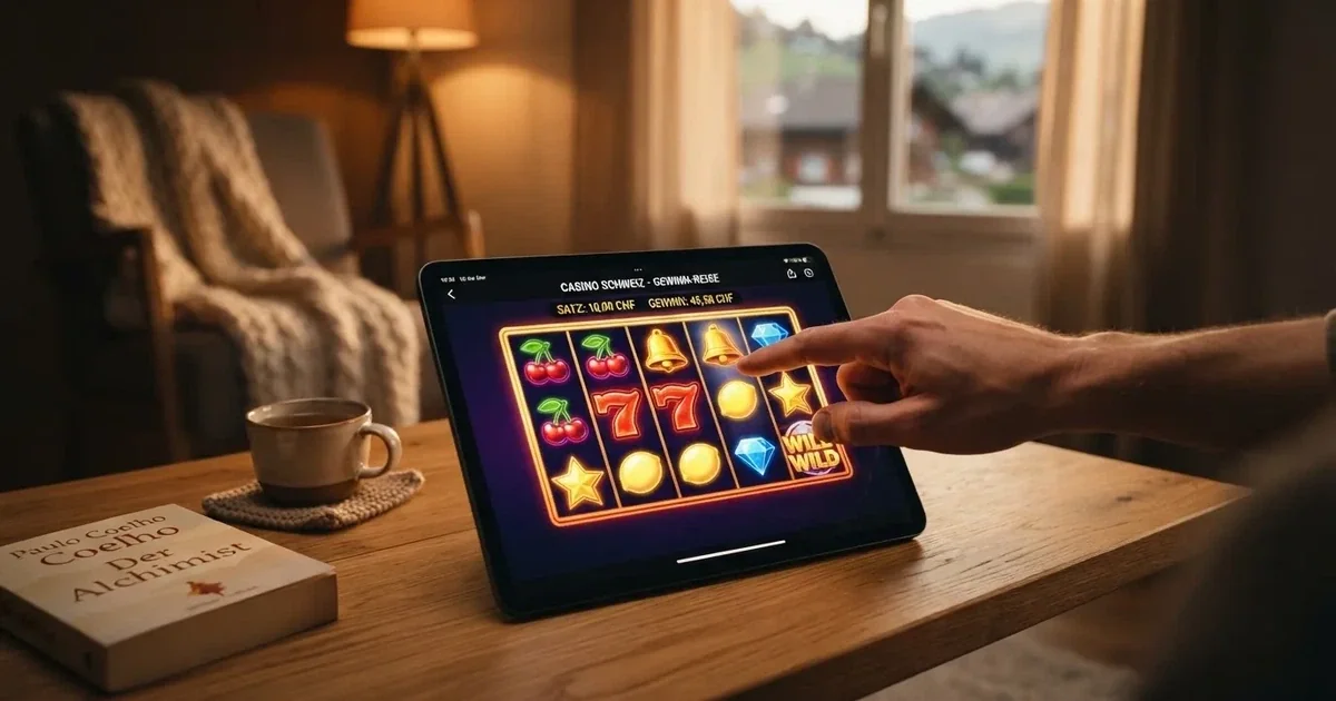 Nahaufnahme einer Hand, die auf einem Tablet durch eine Liste von Spielsymbolen wischt, warmes Wohnzimmerlicht.