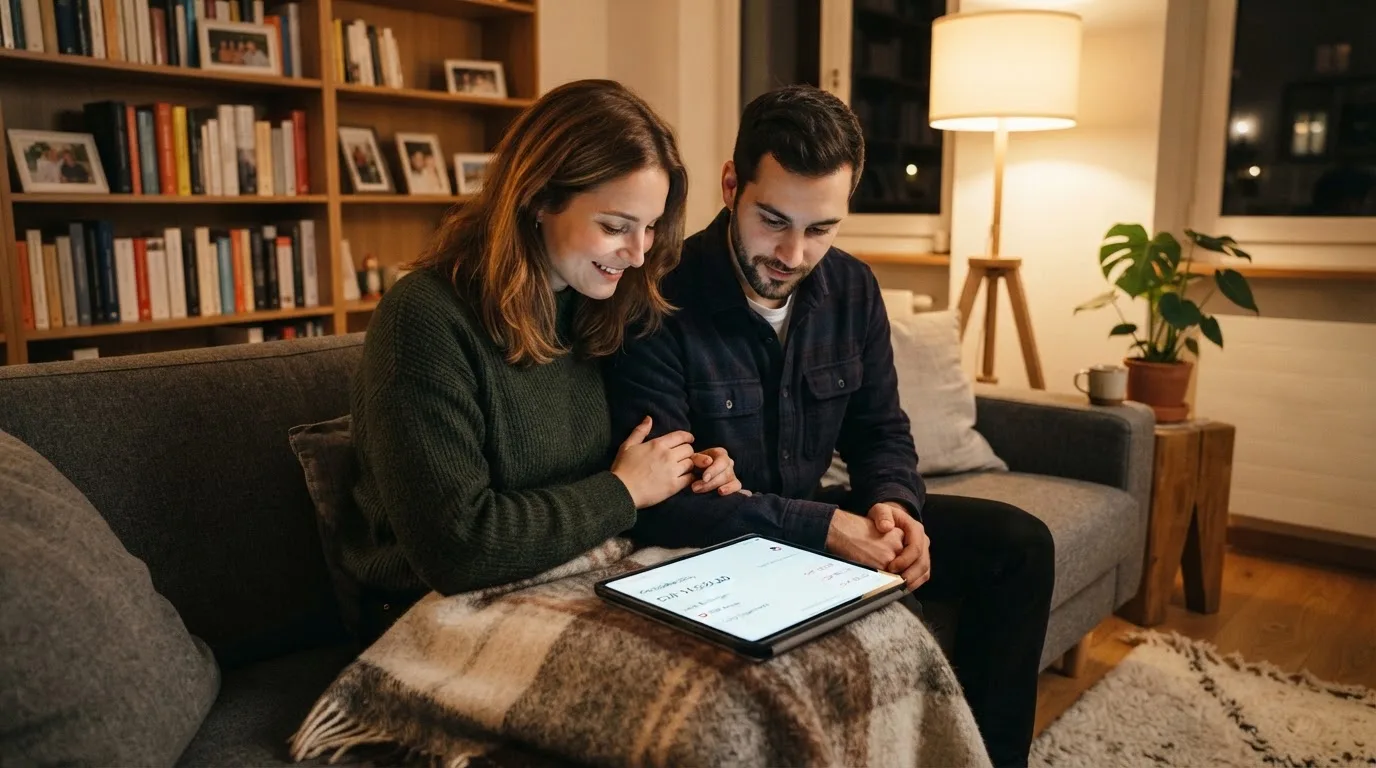 Junges Paar sitzt auf dem Sofa und schaut gemeinsam auf ein Tablet, warmes Wohnzimmerlicht.